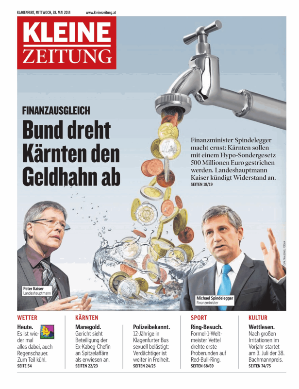 Titelseite der Kleinen Zeitung vom 28. Mai 2014 mit der Schlagzeile „Bund dreht Kärnten den Geldhahn ab“.