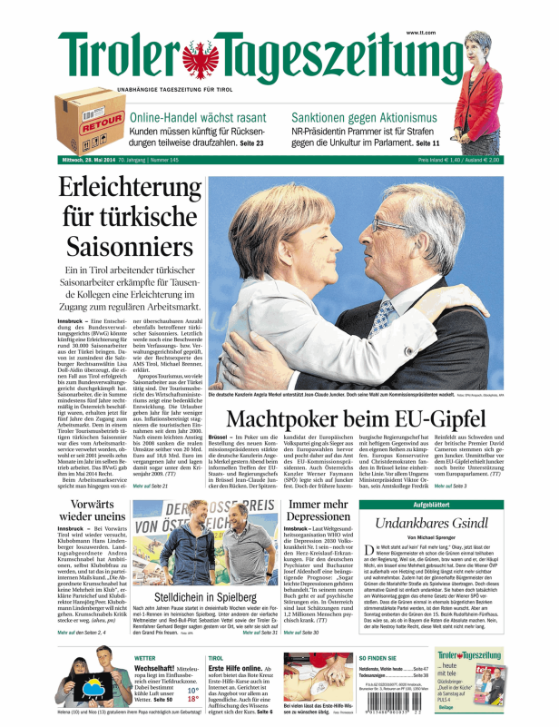 Angela Merkel unterstützt Jean-Claude Juncker auf einem Titelblatt der Tiroler Tageszeitung.
