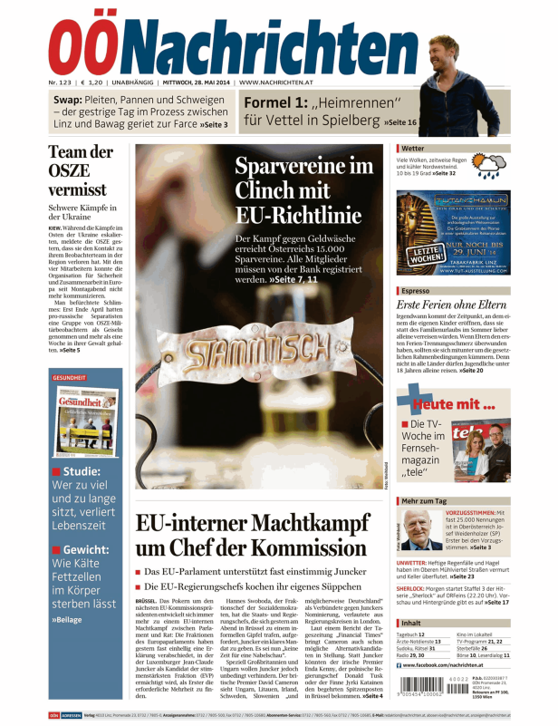 Titelseite der „OÖNachrichten“ vom 28. Mai 2014 mit Artikeln zu OSZE, EU-Richtlinien und Machtkämpfen.