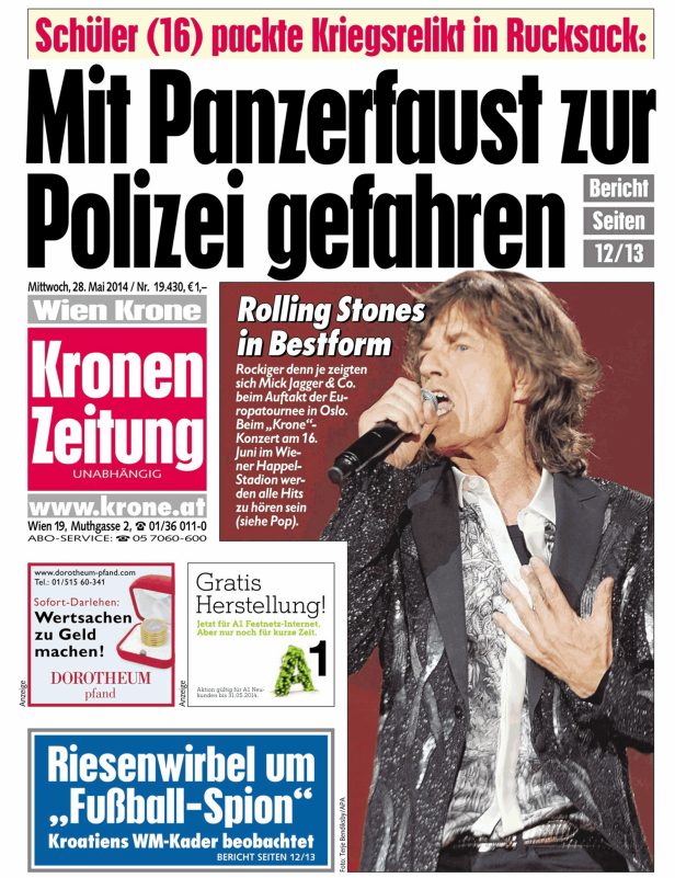 Titelseite der „Kronen Zeitung“ mit einem Foto von Mick Jagger.
