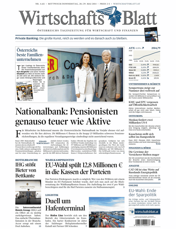 Titelseite des WirtschaftsBlatt vom 28./29. Mai 2014 mit Artikeln zu Wirtschaft und Finanzen.