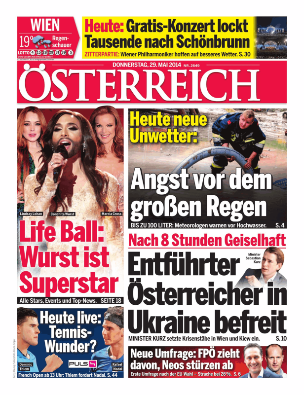 Titelseite der Zeitung „Österreich“ vom 29. Mai 2014 mit Conchita Wurst, Lindsay Lohan und Marcia Cross.