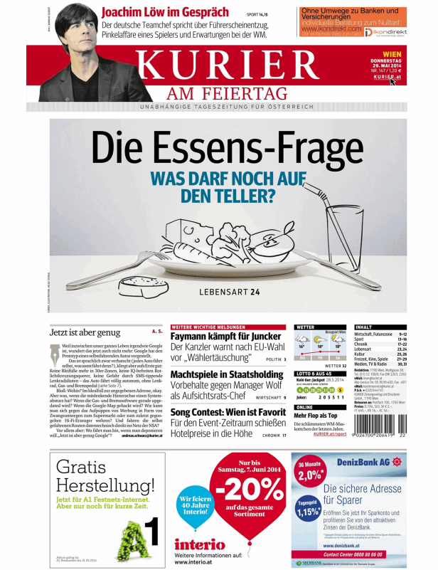 Titelseite des Kurier vom 29. Mai 2014 mit der Frage „Was darf noch auf den Teller?".