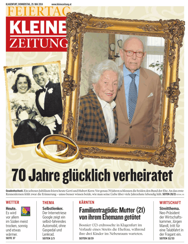 Titelseite der Kleinen Zeitung zum 70. Hochzeitstag von Gerti und Hubert Kern.