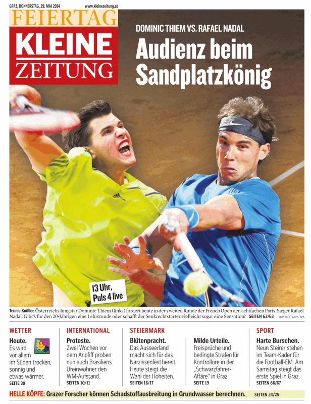 Dominic Thiem und Rafael Nadal auf einem Zeitungsfoto der Kleinen Zeitung.