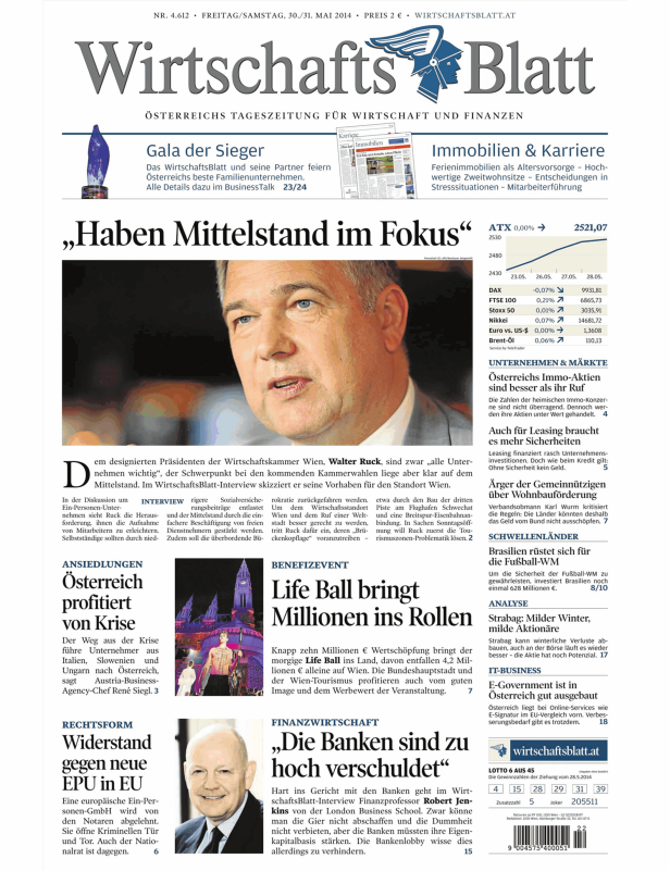 Titelseite des WirtschaftsBlatt vom 30./31. Mai 2014 mit Artikeln zu Wirtschaft und Finanzen.