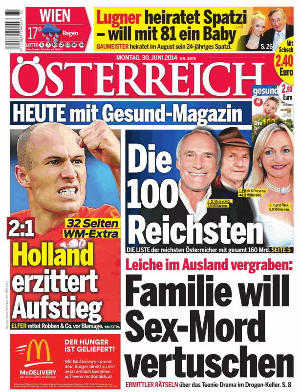 Titelseite der österreichischen Zeitung vom 30. Juni 2014 mit Schlagzeilen zu Sport, Wirtschaft und Kriminalität.