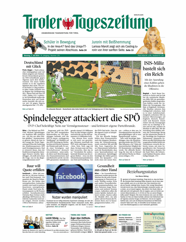 Titelseite der Tiroler Tageszeitung vom 1. Juli 2014.