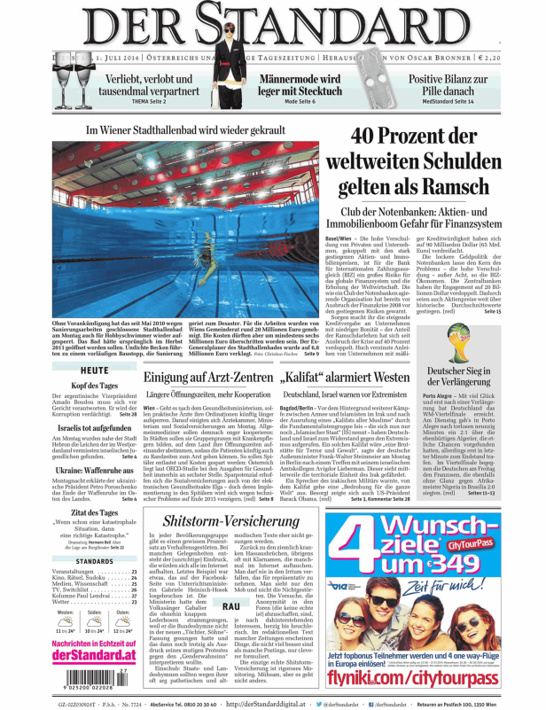 Titelseite der Zeitung Der Standard vom 1. Juli 2014.