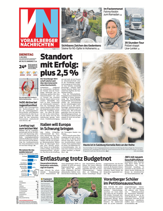 Titelseite der Vorarlberger Nachrichten vom 1. Juli 2014.