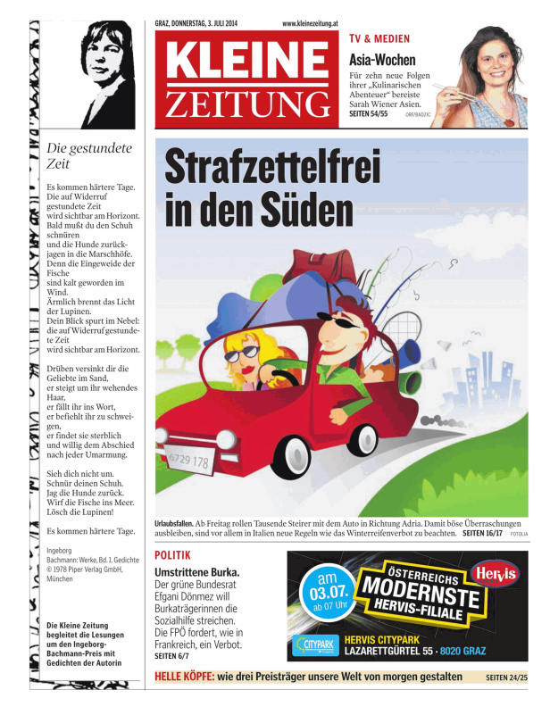 Eine Karikatur zeigt ein Paar in einem roten Auto, das mit Urlaubsgepäck beladen ist.