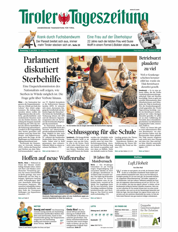 Titelseite der Tiroler Tageszeitung vom 3. Juli 2014.