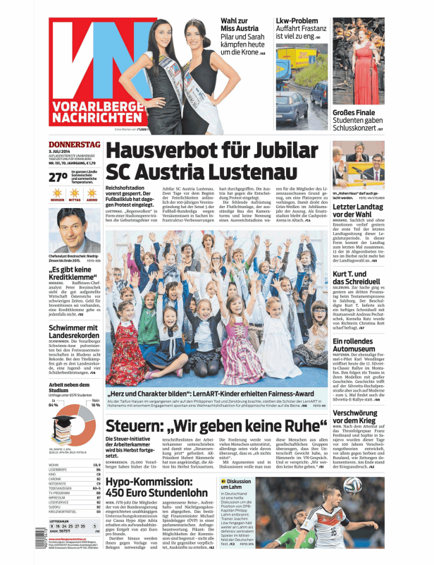 Titelseite der Vorarlberger Nachrichten mit Artikeln zu verschiedenen Themen.