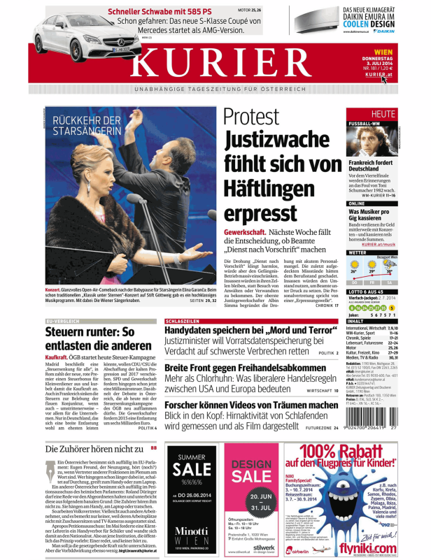Titelseite des Kurier vom 3. Juli 2014 mit Artikeln zu Politik, Wirtschaft und Kultur.