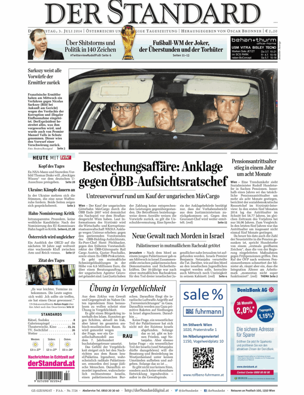 Titelseite der Zeitung Der Standard vom 3. Juli 2014.