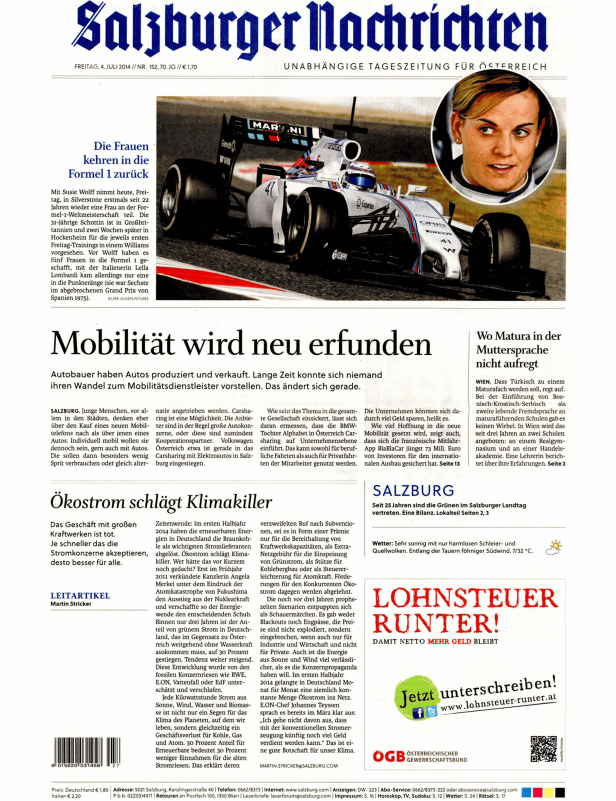 Titelseite der Salzburger Nachrichten vom 4. Juli 2014 mit einem Artikel über Frauen in der Formel 1.