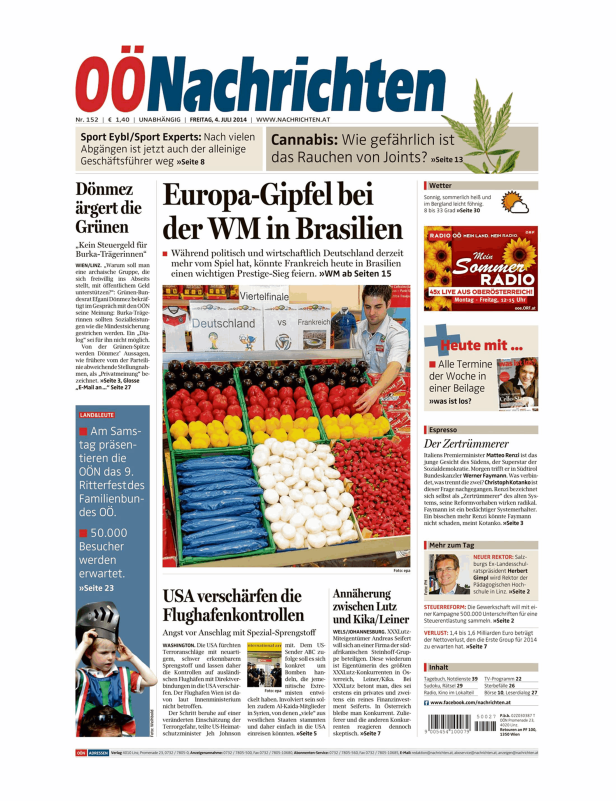 Titelseite der OÖNachrichten vom 4. Juli 2014 mit Artikeln zu Sport, Politik und Wirtschaft.