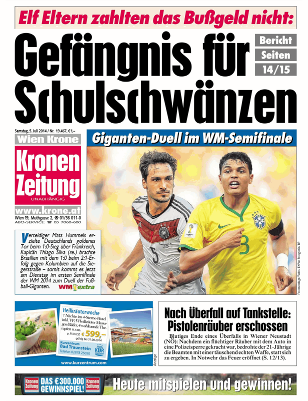 Titelseite der Kronen Zeitung vom 5. Juli 2014 mit Berichten über Fußball und Kriminalität.