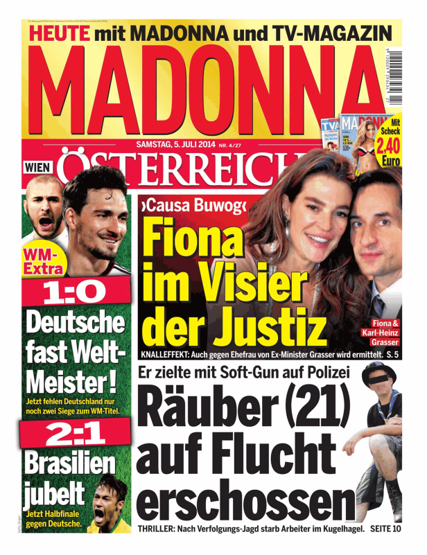 Das Cover der Zeitschrift „Madonna“ vom 5. Juli 2014 mit Schlagzeilen zu Fiona Grasser und der Fußball-WM.