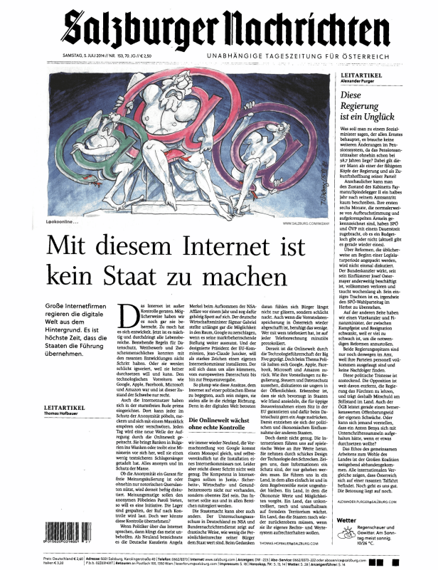 Eine Karikatur zum Thema Internet und Kontrolle in der „Salzburger Nachrichten“-Zeitung.