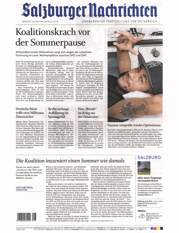 Titelseite der Salzburger Nachrichten vom 7. Juli 2014.