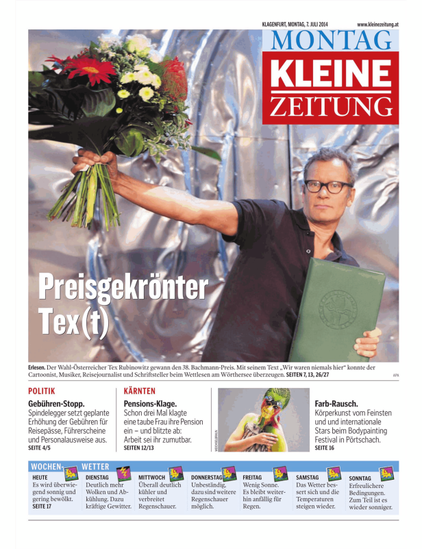 Tex Rubinowitz mit einem Blumenstrauß und dem Bachmann-Preis.