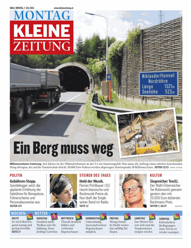 Titelseite der Kleinen Zeitung vom 7. Juli 2014 mit dem Titel „Ein Berg muss weg“ und einem Bild des Niklasdorftunnels.