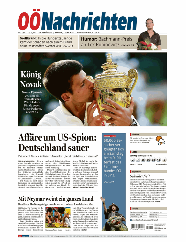 Titelseite der OÖNachrichten vom 7. Juli 2014 mit Novak Djokovic und dem Wimbledon-Pokal.