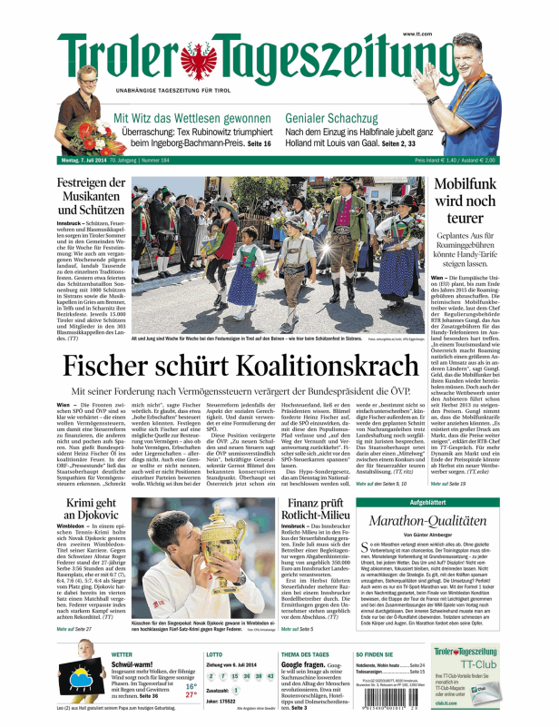 Eine Zeitung mit Artikeln über ein Musikfestival, Politik und Sport.