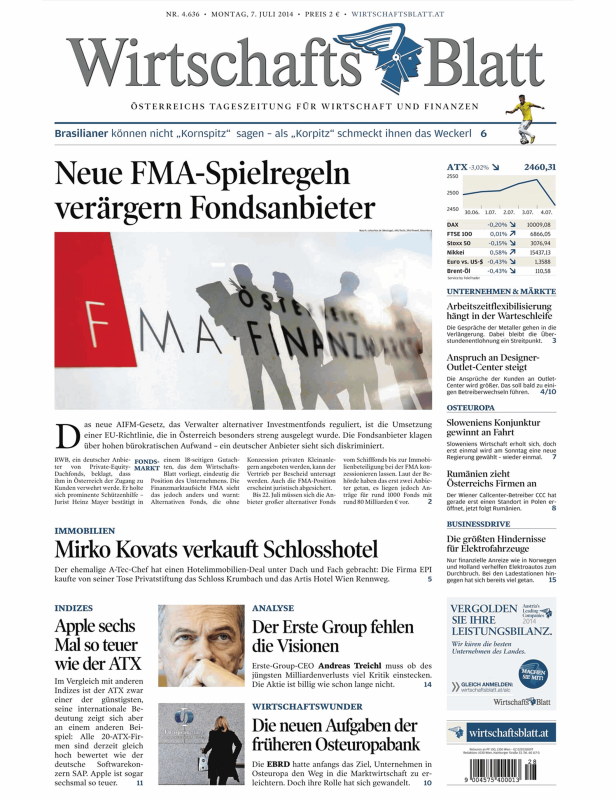 Titelseite des Wirtschaftsblatt vom 7. Juli 2014.