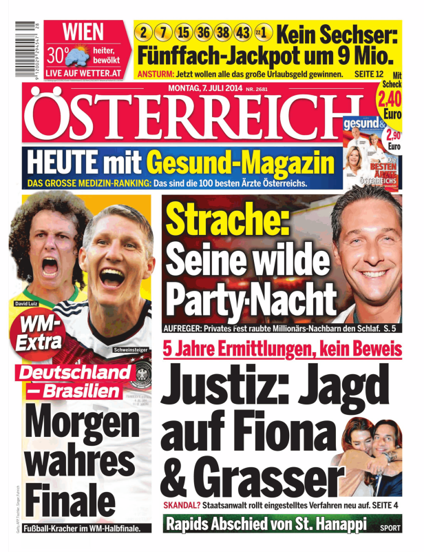 Titelseite der österreichischen Zeitung „Österreich“ vom 7. Juli 2014 mit Schlagzeilen zu Politik und Sport.