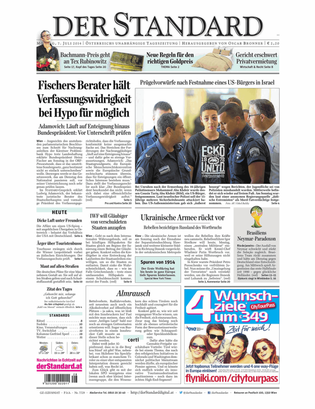 Titelseite der Zeitung Der Standard vom 7. Juli 2014.