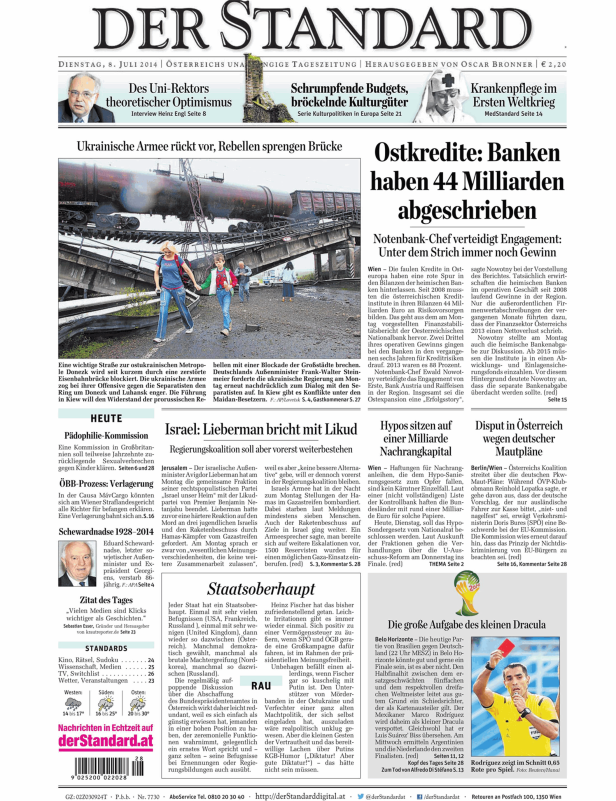Titelseite der Zeitung Der Standard vom 8. Juli 2014.