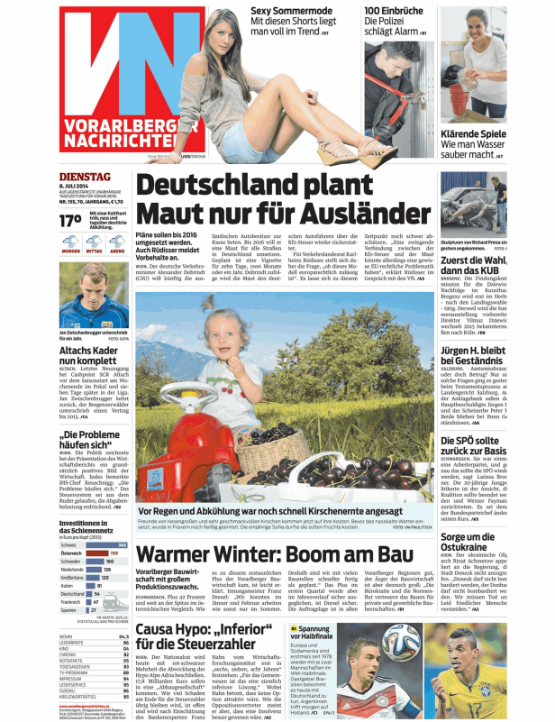 Titelseite der Vorarlberger Nachrichten vom 8. Juli 2014 mit verschiedenen Artikeln und Bildern.