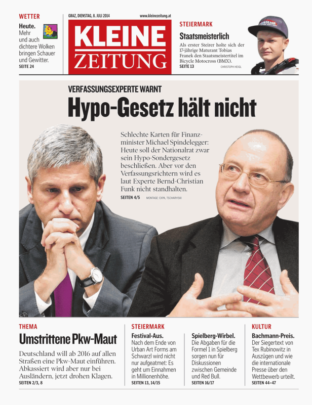 Titelseite der Kleinen Zeitung vom 8. Juli 2014 mit Artikeln zu verschiedenen Themen.
