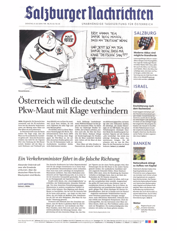 Karikatur in den Salzburger Nachrichten zur geplanten Pkw-Maut in Deutschland.