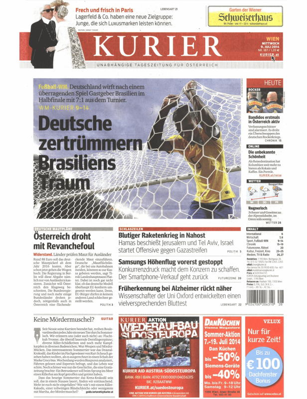 Titelseite des Kurier vom 9. Juli 2014 mit Nachrichten und Werbung.