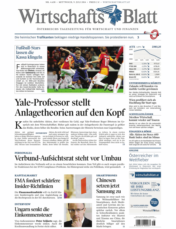 Titelseite des WirtschaftsBlatt vom 9. Juli 2014 mit Artikeln zu Wirtschaft und Finanzen.