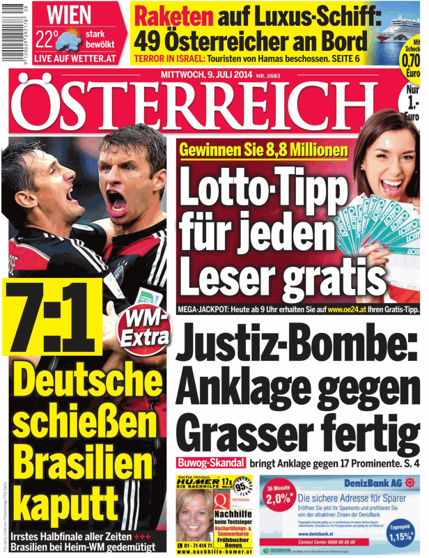 Titelseite der Zeitung „Österreich“ vom 9. Juli 2014 mit Schlagzeilen zu Fußball-WM und Justiz-Bombe.
