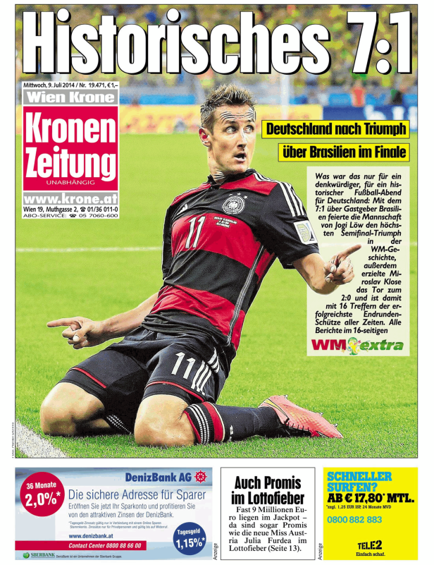 Titelseite der „Kronen Zeitung“ vom 9. Juli 2014 mit einem Foto von Miroslav Klose.