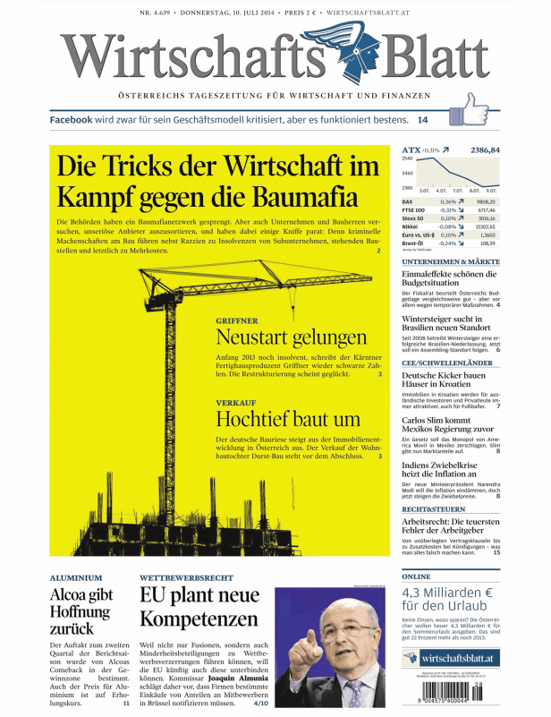 Titelseite des Wirtschaftsblatt vom 10. Juli 2014 mit einer Abbildung eines Baukrans.