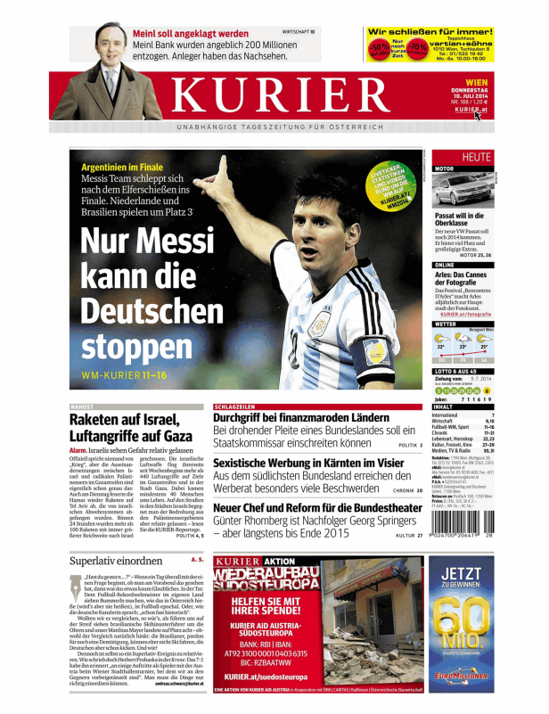 Titelseite des „Kurier“ vom 10. Juli 2014 mit einem Bild von Lionel Messi.