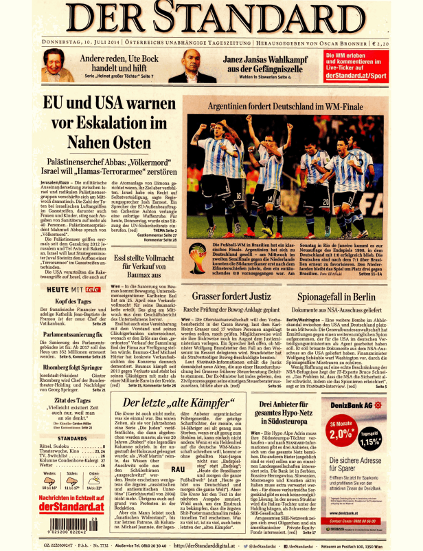 Titelseite der Zeitung „Der Standard“ vom 10. Juli 2014 mit Artikeln zu EU, Nahost und Fußball-WM.