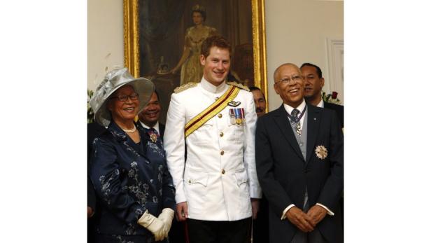 Prinz Harry posiert mit Würdenträgern vor einem Porträt von Königin Elisabeth II..