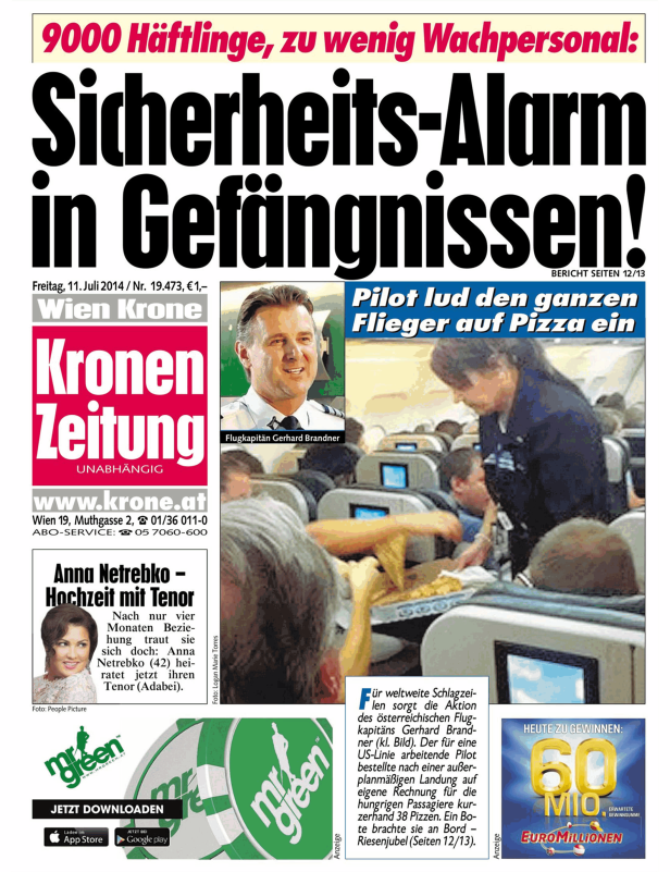 Titelseite der „Kronen Zeitung“ vom 11. Juli 2014 mit Artikeln über Sicherheitsmängel in Gefängnissen und einen spendablen Piloten.