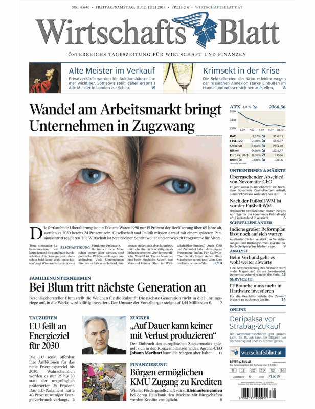 Titelseite des WirtschaftsBlatt vom 11./12. Juli 2014.
