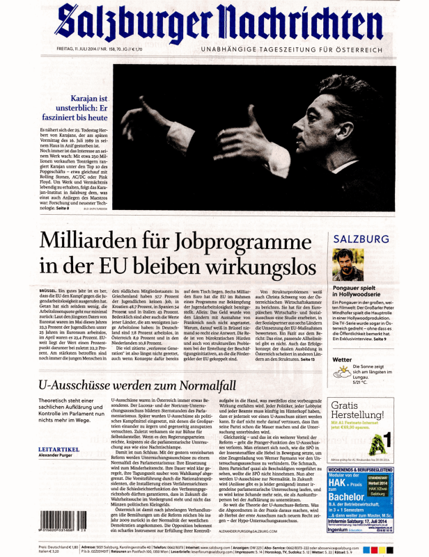 Titelseite der Salzburger Nachrichten vom 11. Juli 2014.