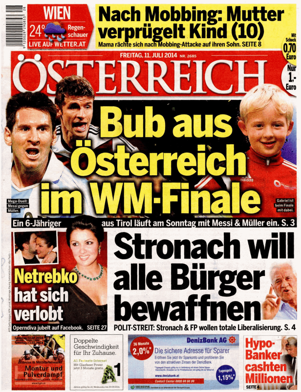 Titelseite der Zeitung „Österreich“ vom 11. Juli 2014 mit Schlagzeilen zu Fußball, Politik und Prominenten.