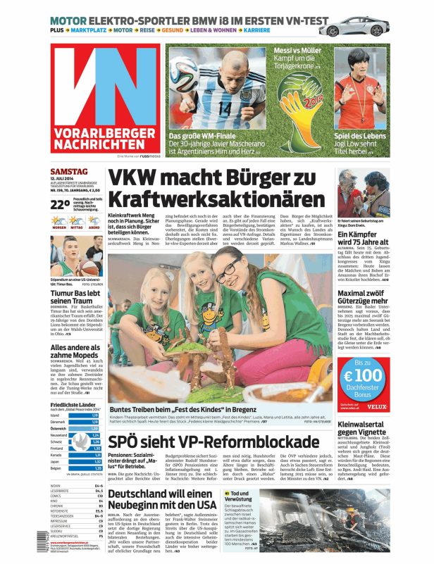 Titelseite der Vorarlberger Nachrichten vom 12. Juli 2014.