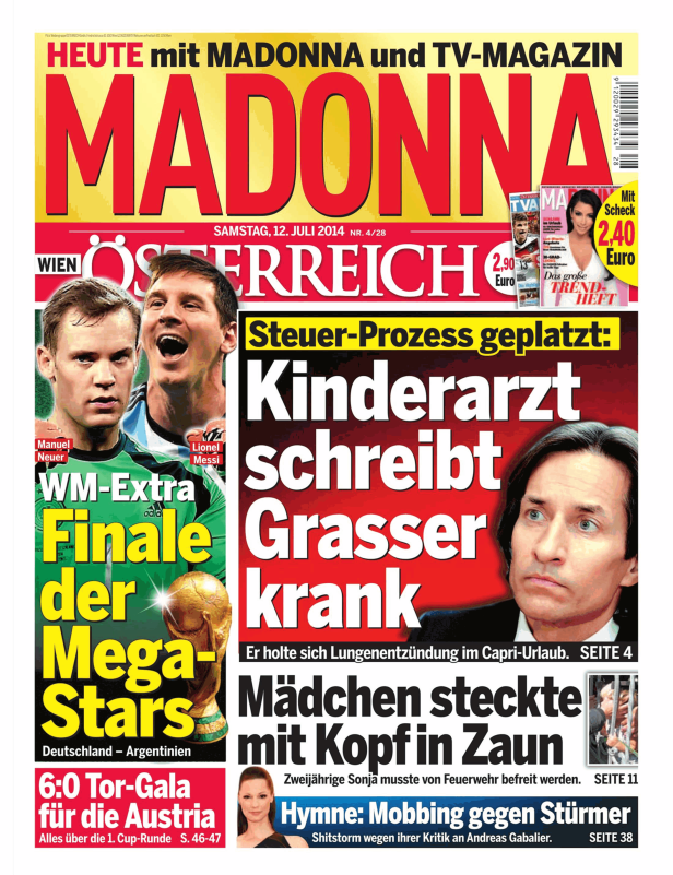 Titelseite der Zeitschrift „Madonna“ vom 12. Juli 2014 mit Bildern von Manuel Neuer, Lionel Messi und Karl-Heinz Grasser.